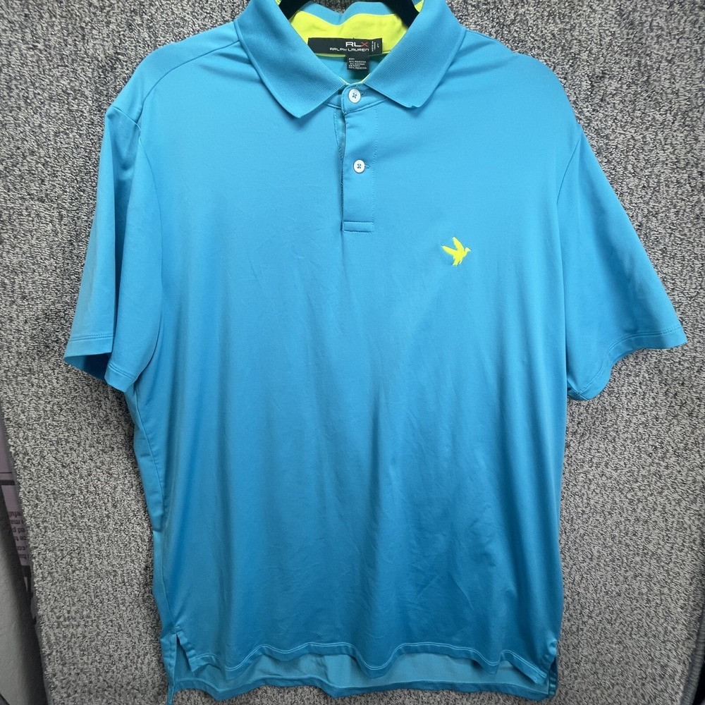 RLX Ralph Lauren Polo Shirt Mens Large Golf Yellow Bird Logo Light Blue Rare